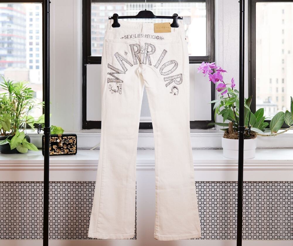 John Richmond White Crystal WARRIOR Embellished Flare Denim Jeans (Size 28)